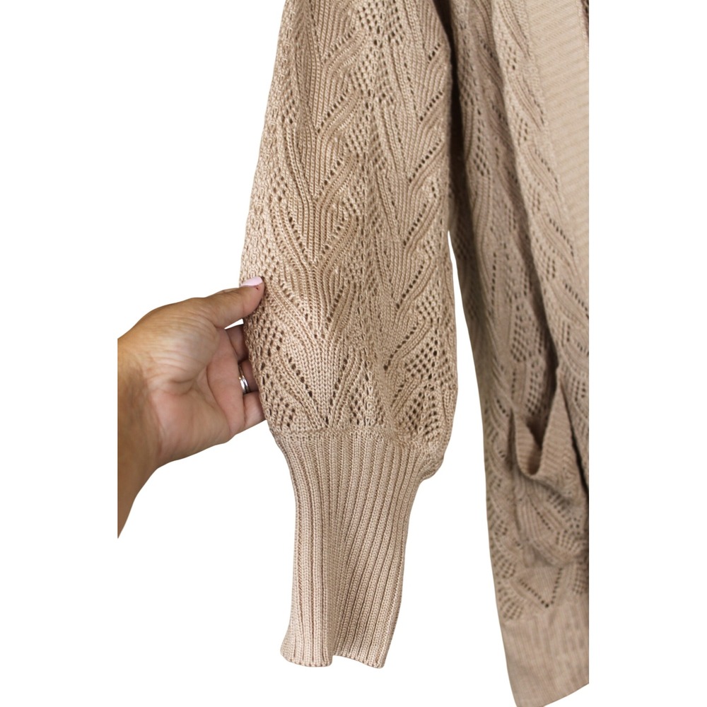 Pink Rose Boho Earthy Coastal Taupe Open Front Pointelle Knit Cardigan Size XL - Picture 4 of 10